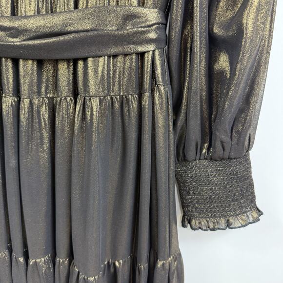 Alex Marie Gold Metallic High Neck Maxi Dress Size 10 Smocked Tiered Castlecore - Picture 10 of 16